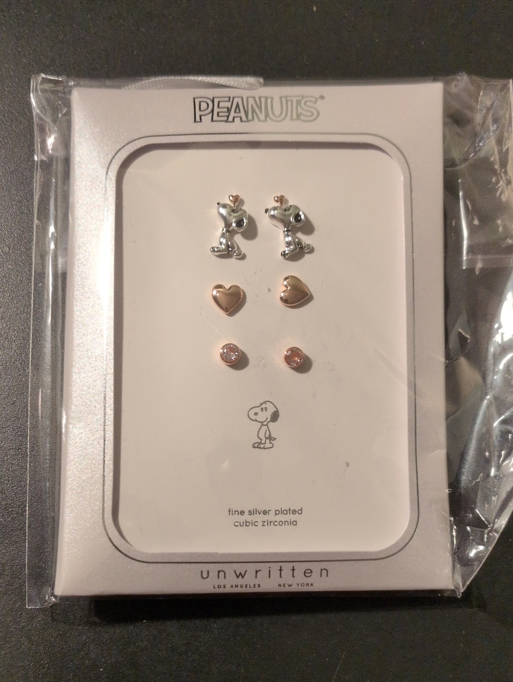 NWT Peanuts Kids Earring Set โ Silver Snoopy with Rose Gold Hearts and Crystals